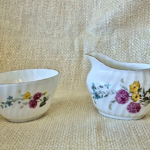 Vintage Minton Marlow Sugar and Creamer Set: Floral Bone China, Gold Rim