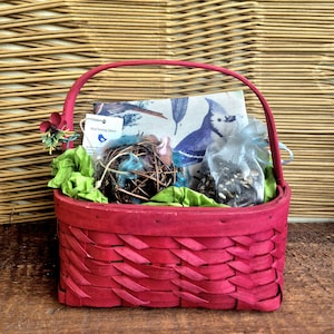 Puede incluir: Una cesta roja tejida con asa, llena de suministros para la anidación de aves. En su interior hay un paño con temática de aves, una esfera de nido, materiales para anidar y una bolsa de semillas. La cesta está decorada con una flor roja.