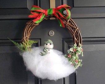 Sale! Snowman wreath, winter themed door décor, rustic winter decoration, snowperson soft sculpture in picturesque scene, indoor wreath