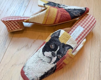 Pantuflas vintage Amy Jo Gladstone con bordado de punto de aguja y diseño de perro Boston Terrier para mujer, talla 9/10