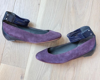 Ballerine Tsubo Gylda in pelle scamosciata color ametista viola con cinturino alla caviglia, taglia 9 da donna.