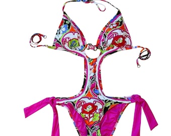 Vintage Betsey Johnson Y2K Pink Lace Floral Halter One‑Piece Swimsuit – Size Large