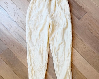 Vintage 90s 100% Silk Ivory Cream Track Pants Elastic Waist Lined Joggers Medium