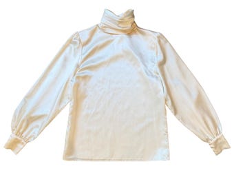 Vintage Christian Dior Ivory Silky Turtleneck Button Blouse Women’s Size 6
