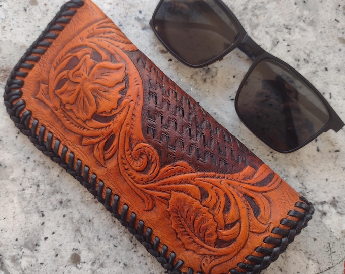 Custom leather eyeglass case with laced edge made to order