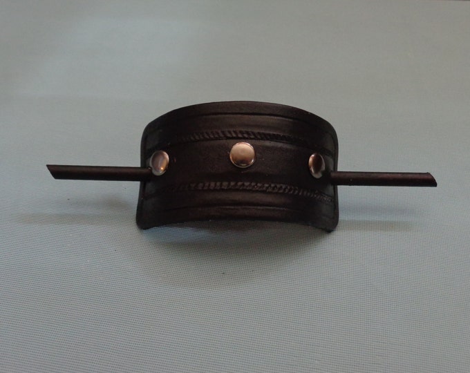 Leather Hair Slide hand tooled by Artrix Leather and Fine Art- Braided Rope with Rivets