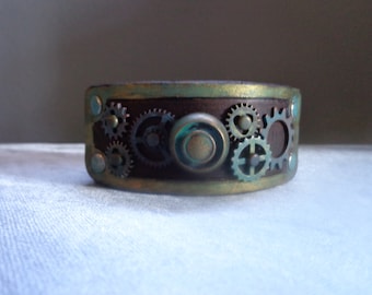 Leather Cuff by Artrix Leather and Fine art -Antiqued Steampunk Leather Cuff with Clock Parts