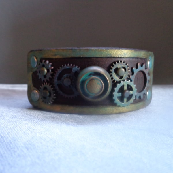 Leather Cuff by Artrix Leather and Fine art -Antiqued Steampunk Leather Cuff with Clock Parts