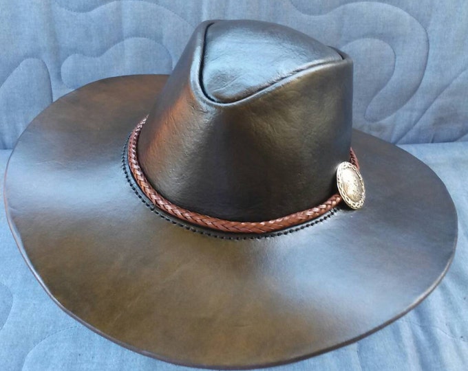 Leather Bushman's Hat with Plaited Leather Hatband and Silver Concho by Artrix Leather and Fine Art