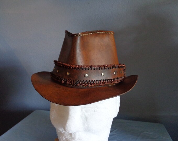 Leather Fedora Hat with Double Loop Lace and Silver Riveted Leather Hatband by Artrix Leather and Fine Art