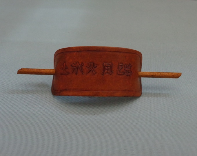 Leather Hair Slide hand tooled by Artrix Leather and Fine Art- 5 Elements in Kanji