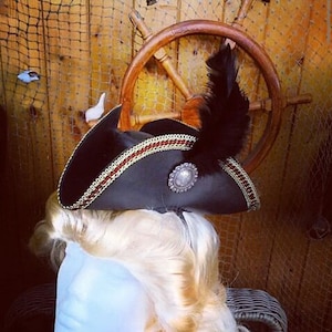 Mini Tricorn Leather Hat With lace edge, Silver and Gold Concho, Ostrich Feather and Lining by Artrix Leather and Fine Art image 1
