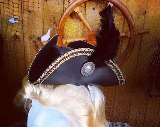 Mini Tricorn Leather Hat With lace edge, Silver and Gold Concho, Ostrich Feather and Lining by Artrix Leather and Fine Art