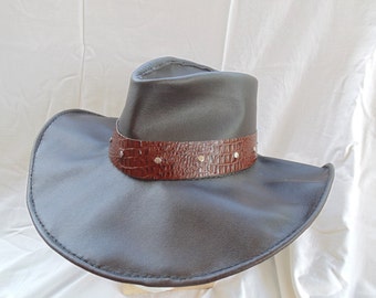 Leather Outback Style Hat with Alligator Hat Band by Artrix Leather and Fine Art