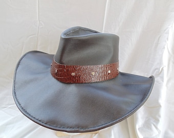 Leather Outback Style Hat with Alligator Hat Band by Artrix Leather and Fine Art