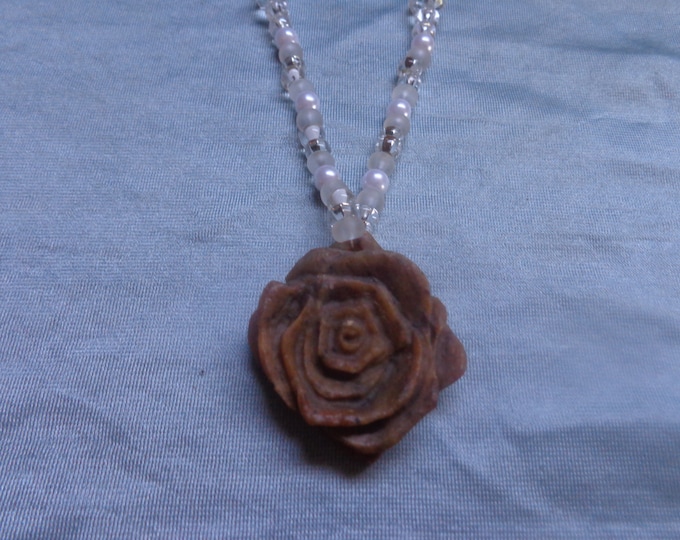 Soapstone Pendant Necklace by Artrix Leather and Fine Art- Rose Pendant with Beaded Necklace