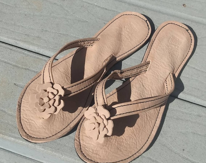 Custom Leather Women's Sandals with Leather Flower Flip Flops Thongs
