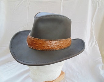 Leather Fedora with Ostrich Hat Band by Artrix Leather and Fine Art