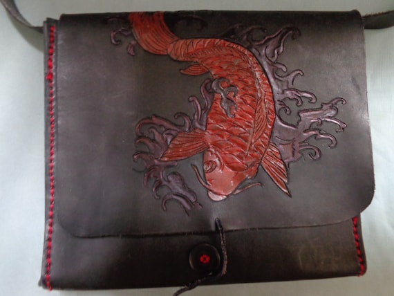 Leather Purse hand tooled by Artrix Leather and Fine Art- Koi Messenger  Style Shoulder Bag