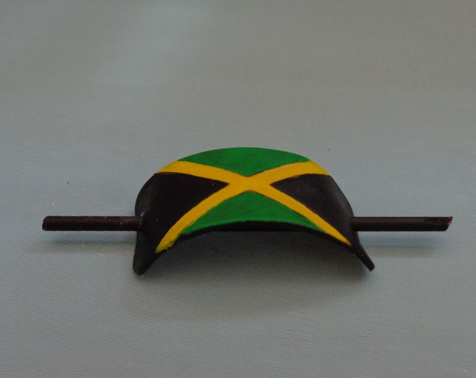 Leather Hair Slide hand tooled by Artrix Leather and Fine Art- Jamaican Flag