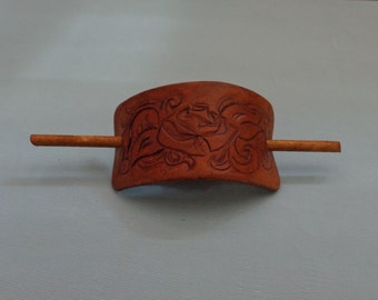 Leather Hair Slide hand tooled by Artrix Leather and Fine Art- Victorian Rose