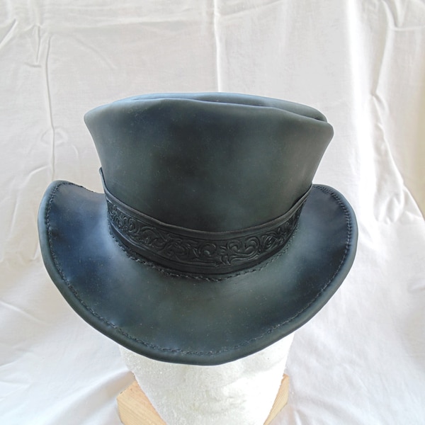 Steampunk Leather Top Hat With Hand Tooled Leather Hat Band by Artrix Leather and Fine Art