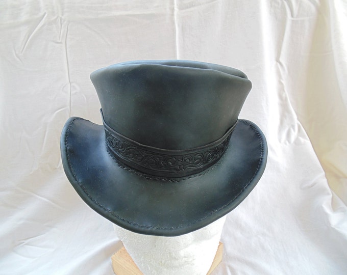 Steampunk Leather Top Hat With Hand Tooled Leather Hat Band by Artrix Leather and Fine Art