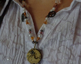 Steampunk Necklace by Artrix Leather and Fine Art- Beaded Necklace with Pocket Watch Movement with Clock Gears
