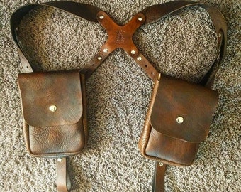 Custom leather shoulder harness with pouches