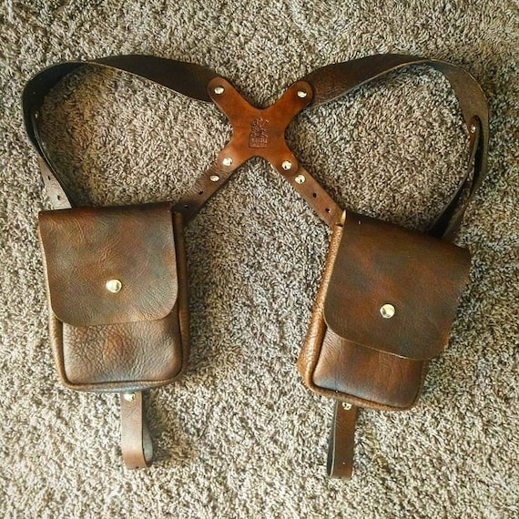 Brown Leather Double Harness with Utility Pouch New Amazon.com: Hide & Play, Adjustable Harness with Zippered  main image 3
