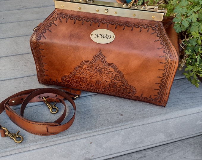 Custom hand tooled leather Gladstone Doctor's bag made to order