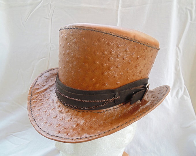 Steampunk Leather Top Hat With Ostrich Leather and Chain by Artrix Leather and Fine Art