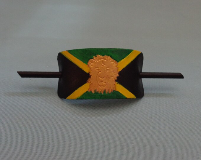 Leather Hair Slide hand tooled by Artrix Leather and Fine Art- Jamaican Flag with Lion