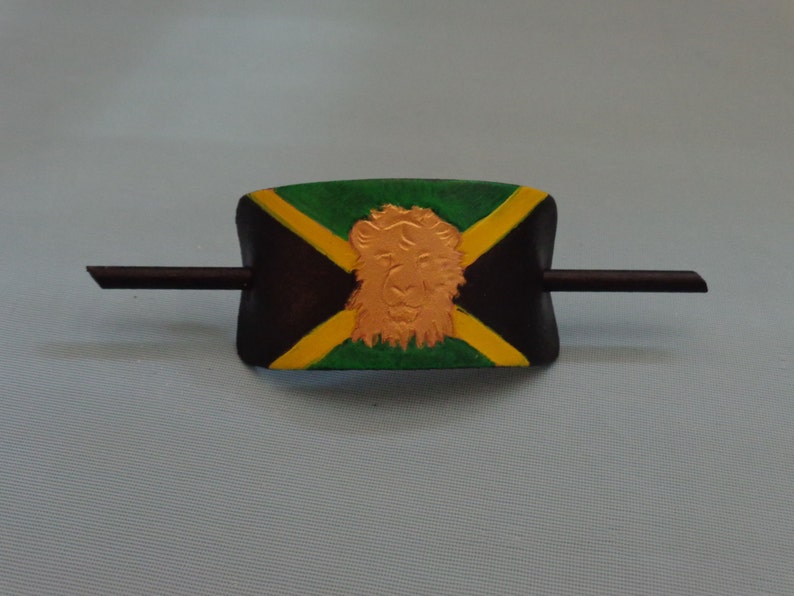 Leather Hair Slide hand tooled by Artrix Leather and Fine Art Jamaican Flag with Lion image 1
