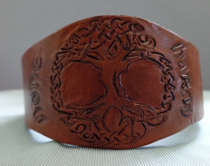 Leather cuff hand tooled by Artrix Leather and Fine Art -Tree of Life Leather Cuff