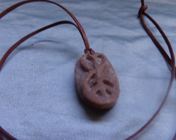 Soapstone Pendant Necklace by Artrix Leather and Fine Art- Peace Love Music with Brown Leather Cord Necklace