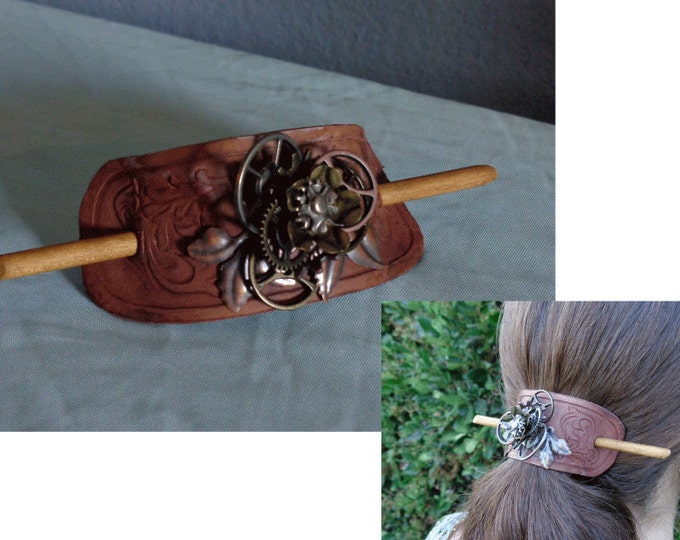 Leather Hair Slide hand tooled by Artrix Leather and Fine Art- Steampunk Rose with Victorian Scroll