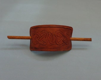 Leather Hair Slide hand tooled by Artrix Leather and Fine Art- Hearts Celtic Knot