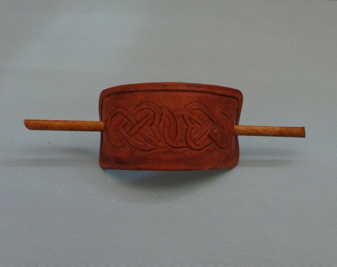 Leather Hair Slide hand tooled by Artrix Leather and Fine Art- Hearts Celtic Knot