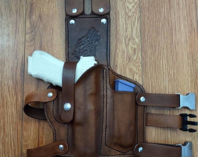 Custom molded leather tactical holster with extra magazine holder for semi auto made to order