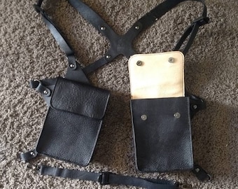 Custom leather shoulder harness with pouches
