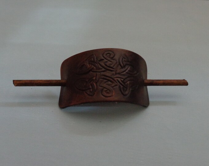 Leather Hair Slide hand tooled by Artrix Leather and Fine Art- Celtic Knot II