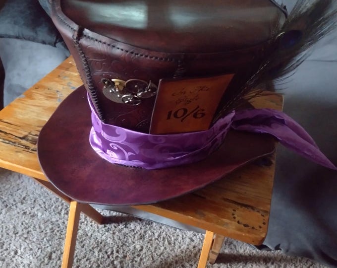 Mad Hatter Leather Top Hat With Clock Parts and Antique Pocket Watch Movement by Artrix Leather and Fine Art