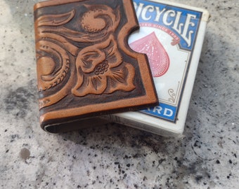 Hand tooled leather playing card guard card clip