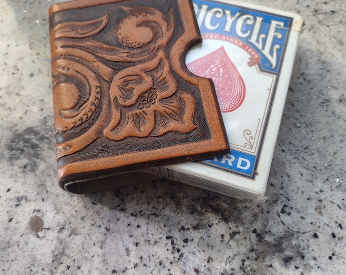 Hand tooled leather playing card guard card clip