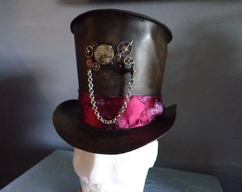 Steampunk Leather Top Hat With Clock Parts and Antique Pocket Watch Movement by Artrix Leather and Fine Art