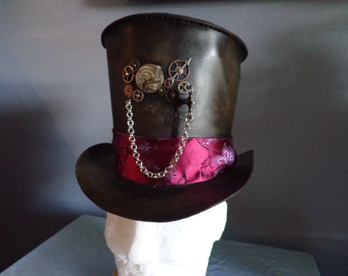 Steampunk Leather Top Hat With Clock Parts and Antique Pocket Watch Movement by Artrix Leather and Fine Art