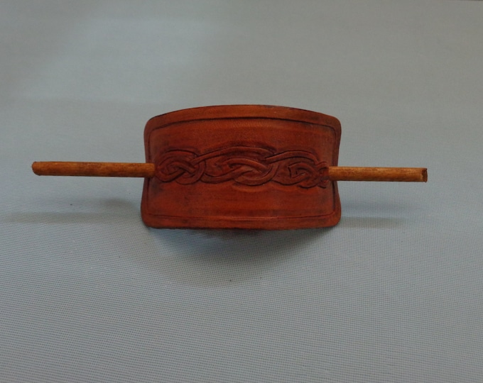 Leather Hair Slide hand tooled by Artrix Leather and Fine Art- Celtic Knot