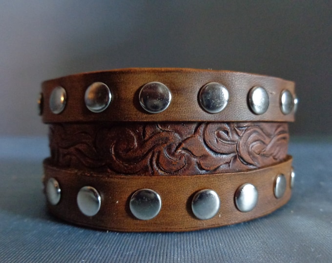 Leather Cuff by Artrix Leather and Fine art - Victorian Scroll with Double Riveted Band