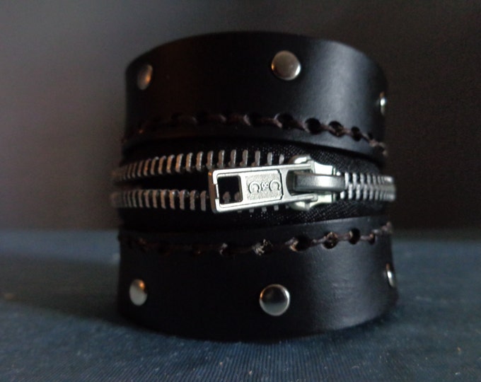 Leather Cuff by Artrix Leather and Fine art - Zipper Cuff with Rivets